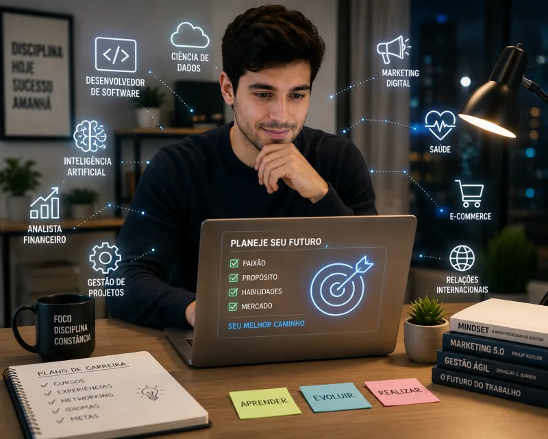 Jovem analisando opções de carreira e profissões em notebook moderno