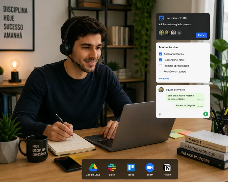 Profissional trabalhando remotamente em home office com notebook em ambiente moderno