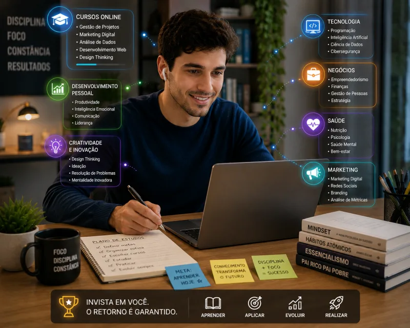 Pessoa estudando cursos online em notebook com ambiente moderno de aprendizagem digital