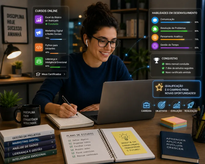 Pessoa estudando curso livre online no notebook em ambiente moderno de aprendizado