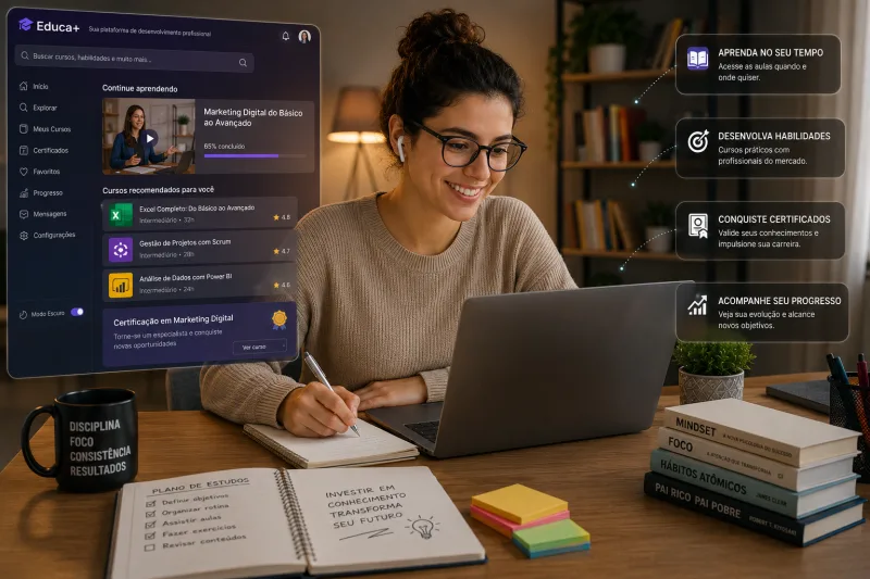 Pessoa acessando plataforma de curso online em notebook moderno