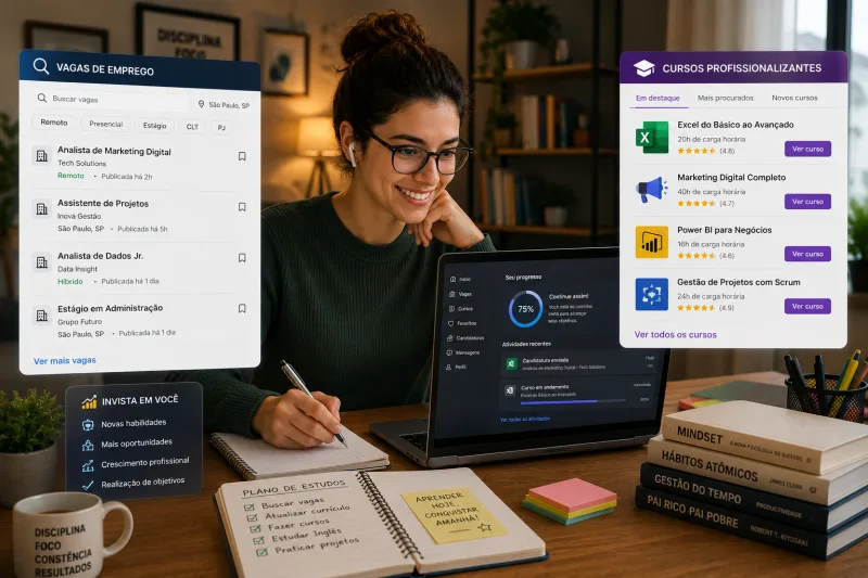 Pessoa estudando curso profissionalizante online para conseguir emprego rapidamente
