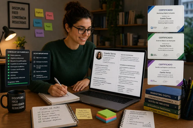 Pessoa atualizando currículo profissional no notebook com certificados e cursos online