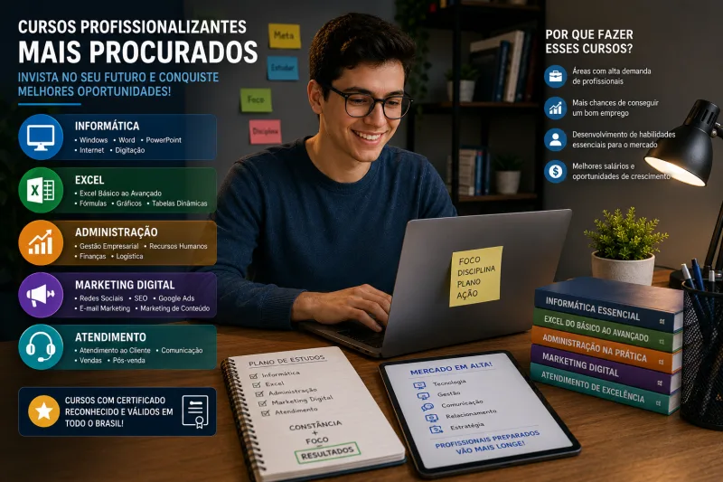 Pessoa estudando curso online com certificado em notebook moderno