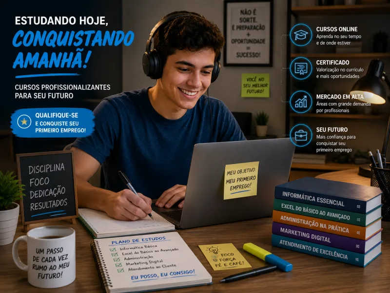 Jovem estudando curso online profissionalizante para conquistar o primeiro emprego