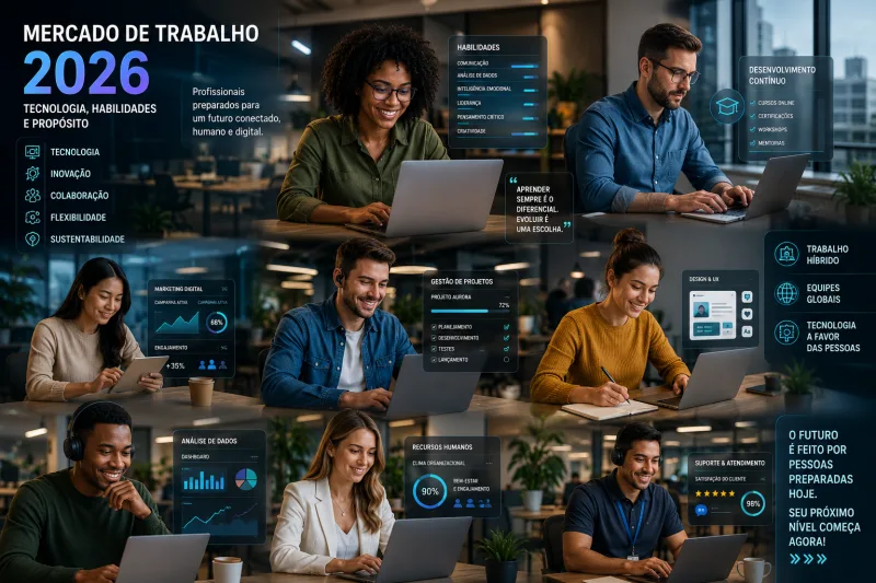 Profissionais trabalhando em ambientes modernos com tecnologia e colaboração digital
