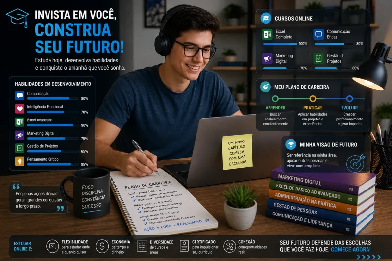 Profissional estudando curso online e aplicando conhecimentos em ambiente de trabalho moderno