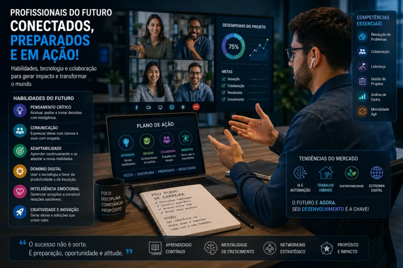 Profissional moderno utilizando tecnologia, colaborando em equipe e desenvolvendo competências valorizadas pelo mercado