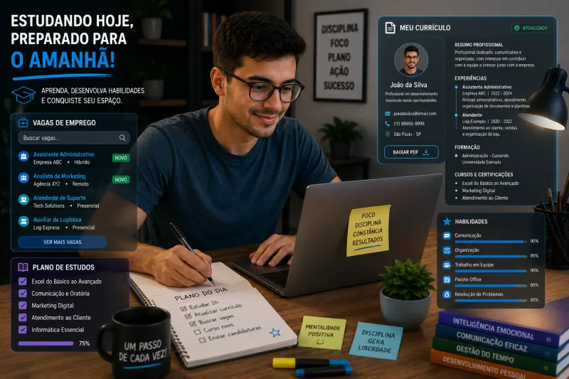 Pessoa analisando vagas de emprego e atualizando currículo em notebook moderno